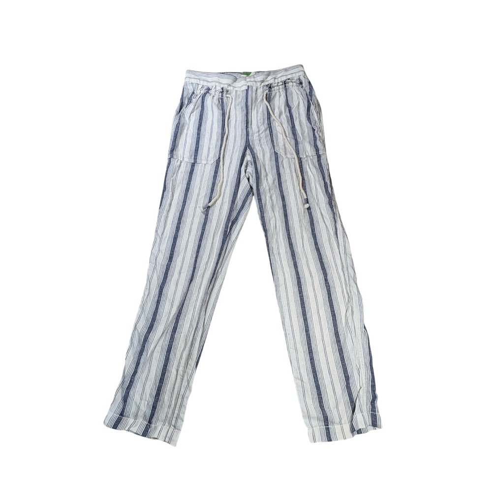 Anthropologie Seashore Blue White Striped Linen Cotton Blend Drawstring Pants 4